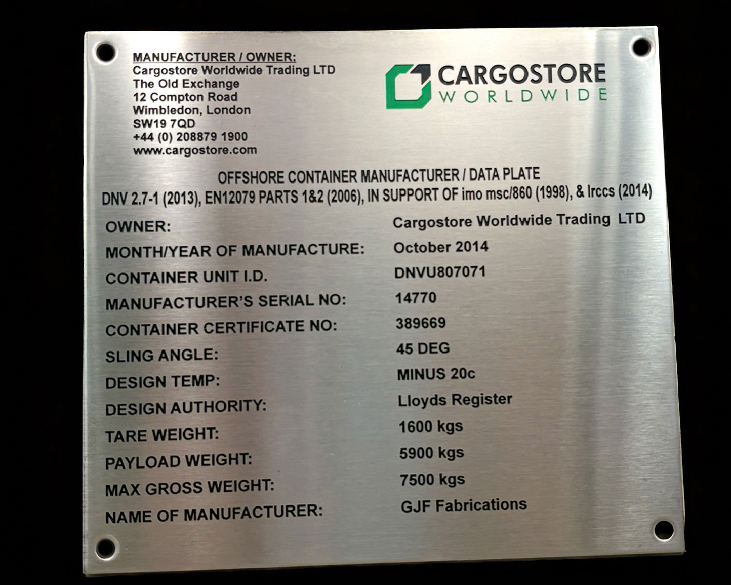 Industrial engraved metal data plate UK 11